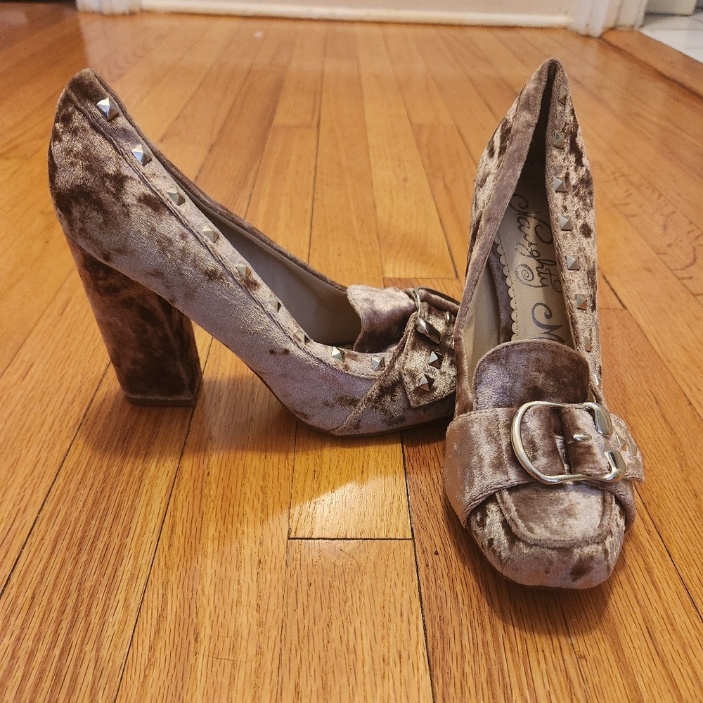 Naughty Monkey "Smooth Talk" Pink Velvet Block Heels W/Silver Buckle & Studs